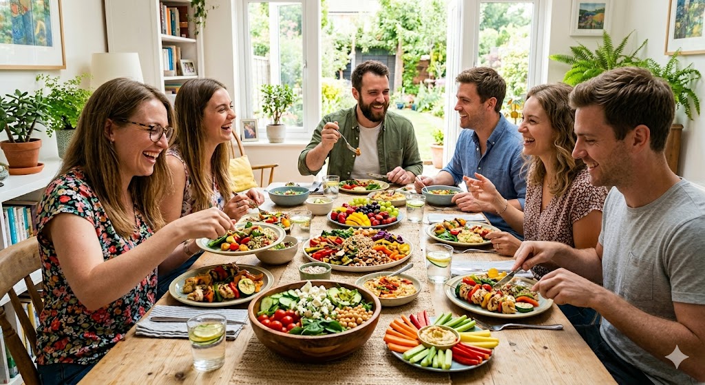 Eine mediterran inspirierte Mahlzeit: Olivenöl, Tomaten, Kräuter, Vollkornbrot und frisches Gemüse