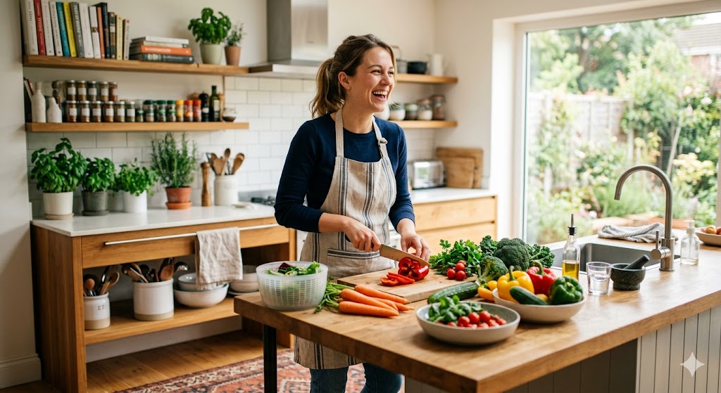 Frische, bunte Lebensmittel auf einem hellen Hintergrund – Gemüse, Hülsenfrüchte, Nüsse und Vollkornprodukte